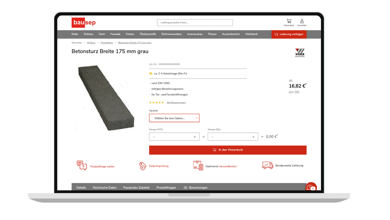 Produkt-Detailseite der bausep Online-Shop Webseite auf einem Laptopbildschirm.