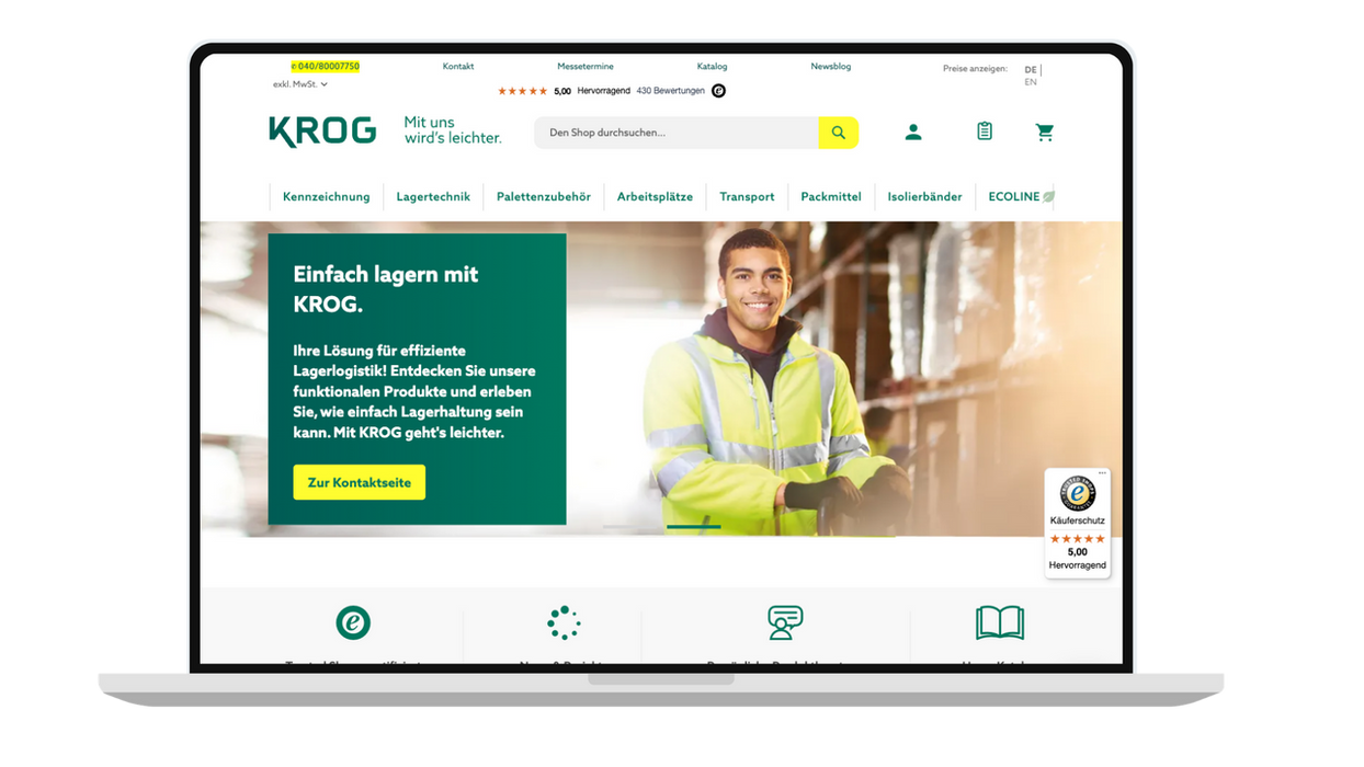 Startseite der Krog Online-Shop Webseite auf einem Laptopbildschirm.