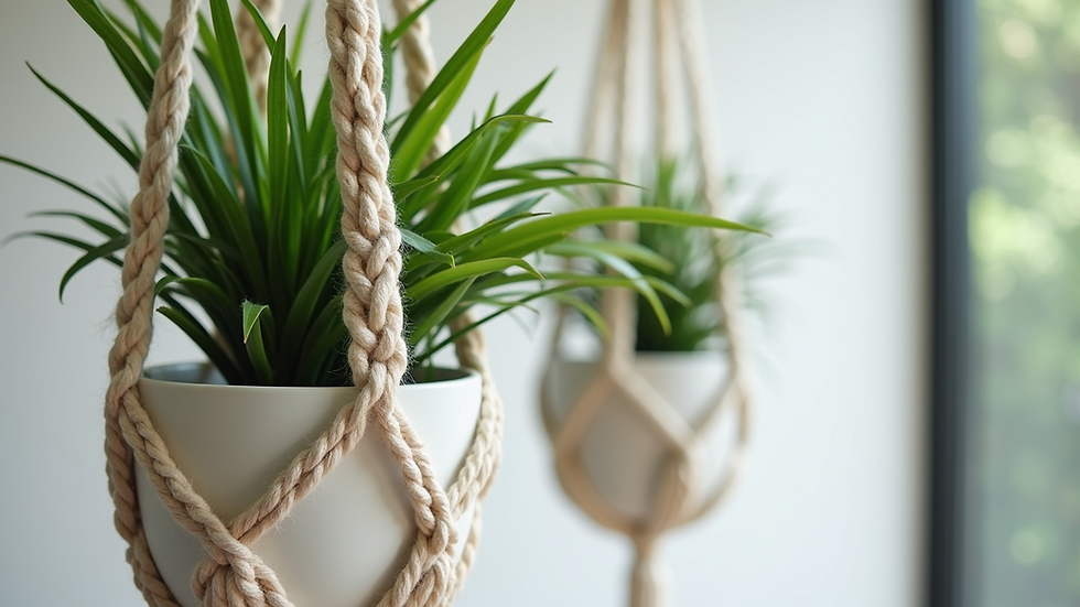 Close-up view of a stylish macrame plant hanger with a green plant inside