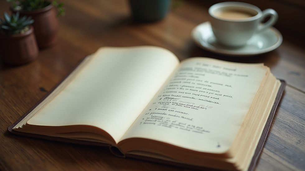 Vue rapprochée d’un carnet ouvert avec une liste de gratitude écrite à la main