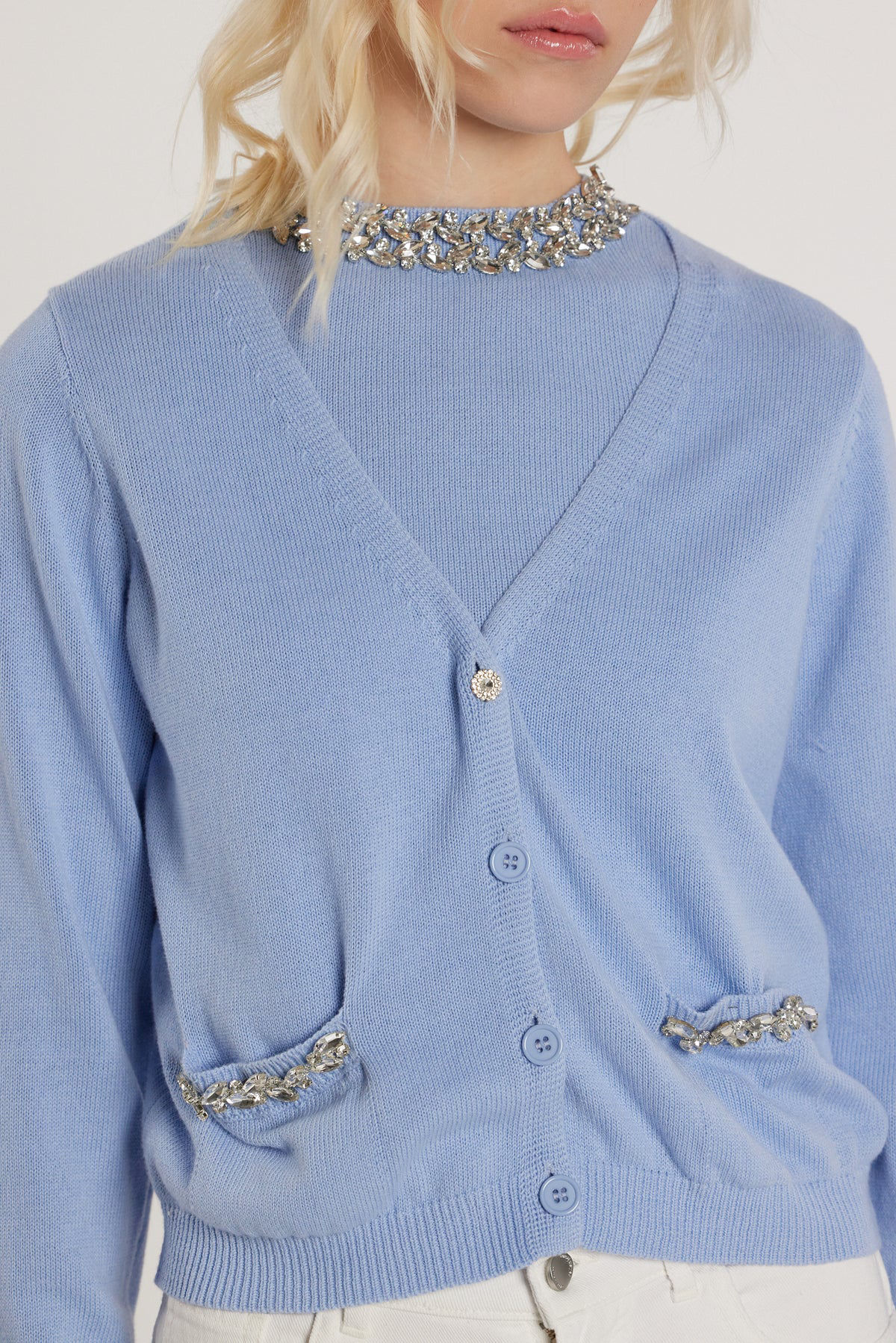 Cardigan AUDREN maniche lunghe scollo a V con bottoni più tasche più applicazion