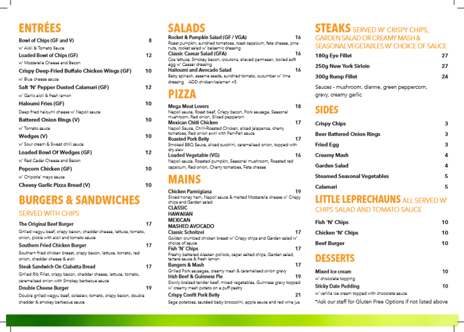Waxis Menu Waxy's Irish Pub | Surfers Paradise | Restaurant