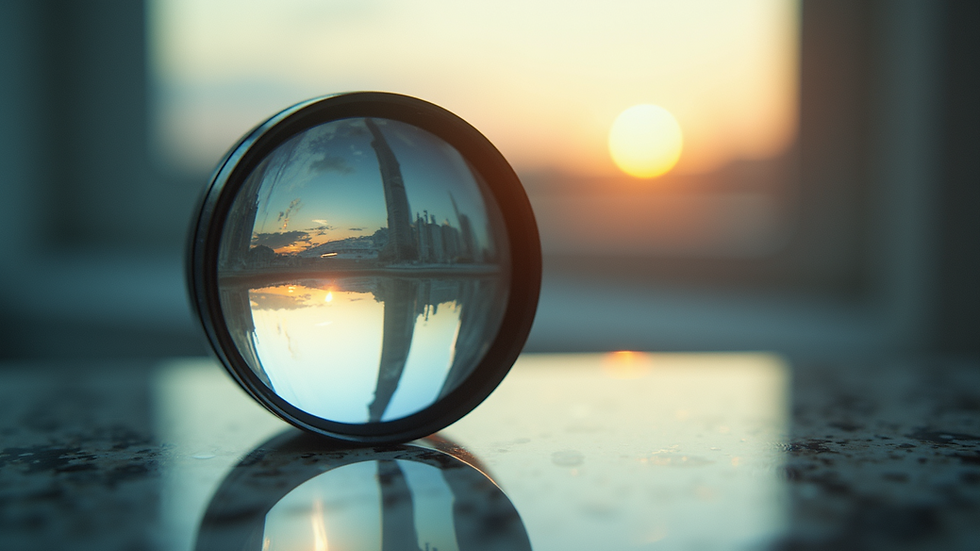 Close-up view of a clear glass lens reflecting sunlight