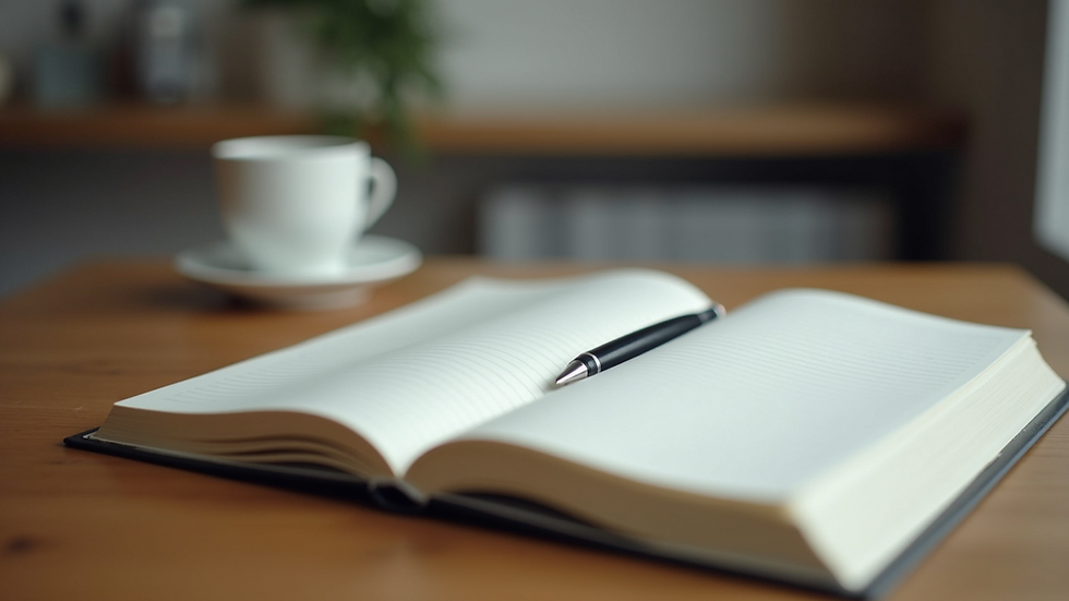 Close-up view of a journal and pen on a wooden table