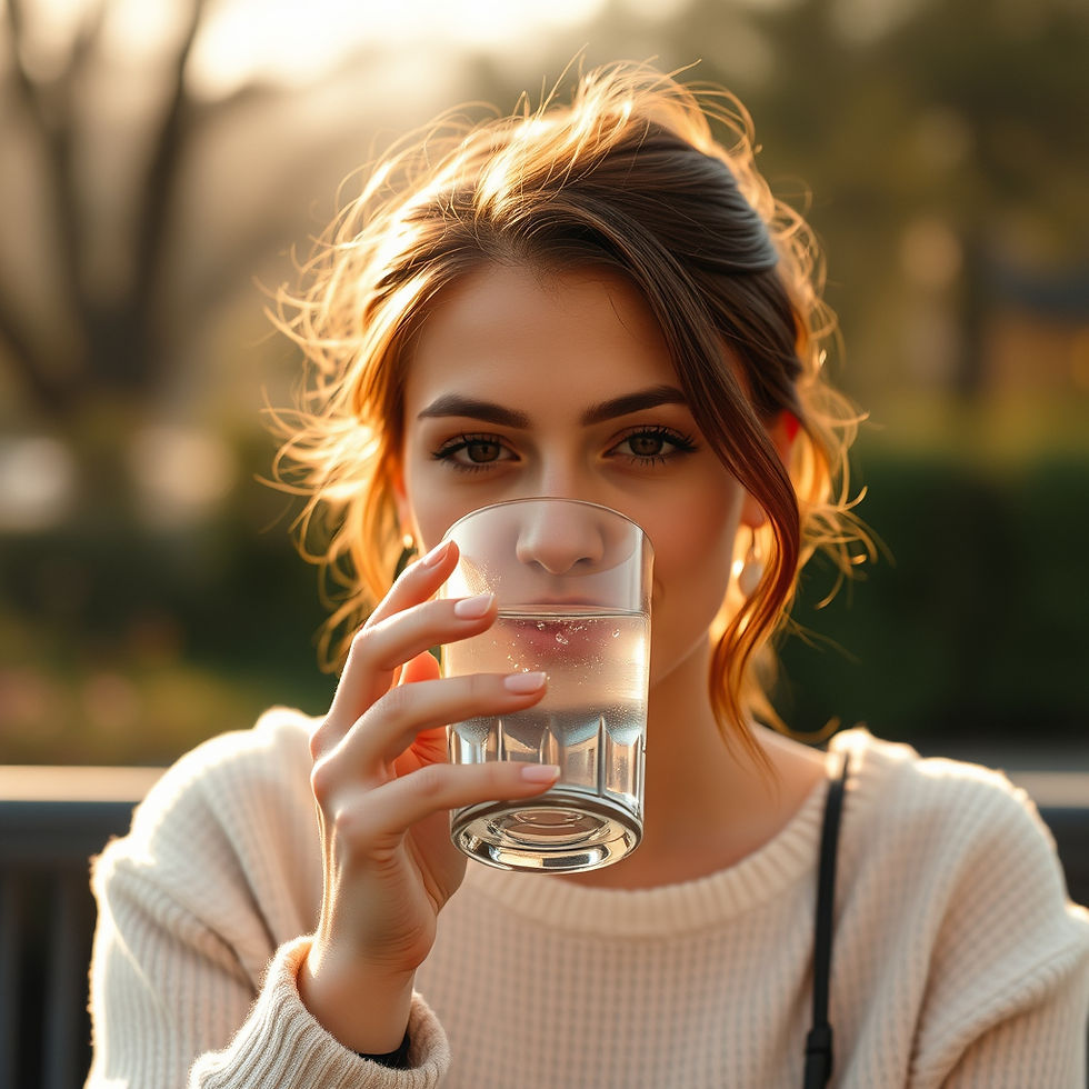 Woman sipping water from a glass in a sunlit park, wearing a white sweater. Soft sunset light creates a tranquil atmosphere.