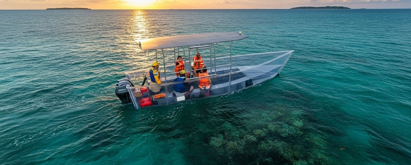 Aerial view of the clear boat with guests watching a golden sunset over the calm ocean.