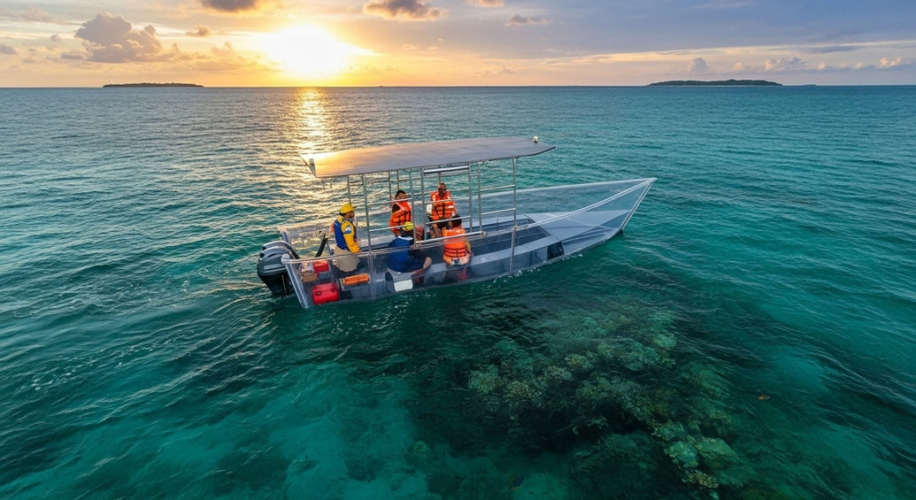 Aerial view of the clear boat with guests watching a golden sunset over the calm ocean.