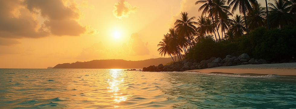 environmental shot tropical island coastline crystal clear waters lush palm trees warm gol