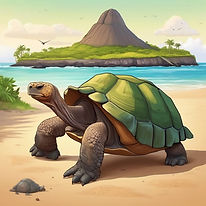 realistic cartoon of a Galapagos island with a giant tortoise, .jpg
