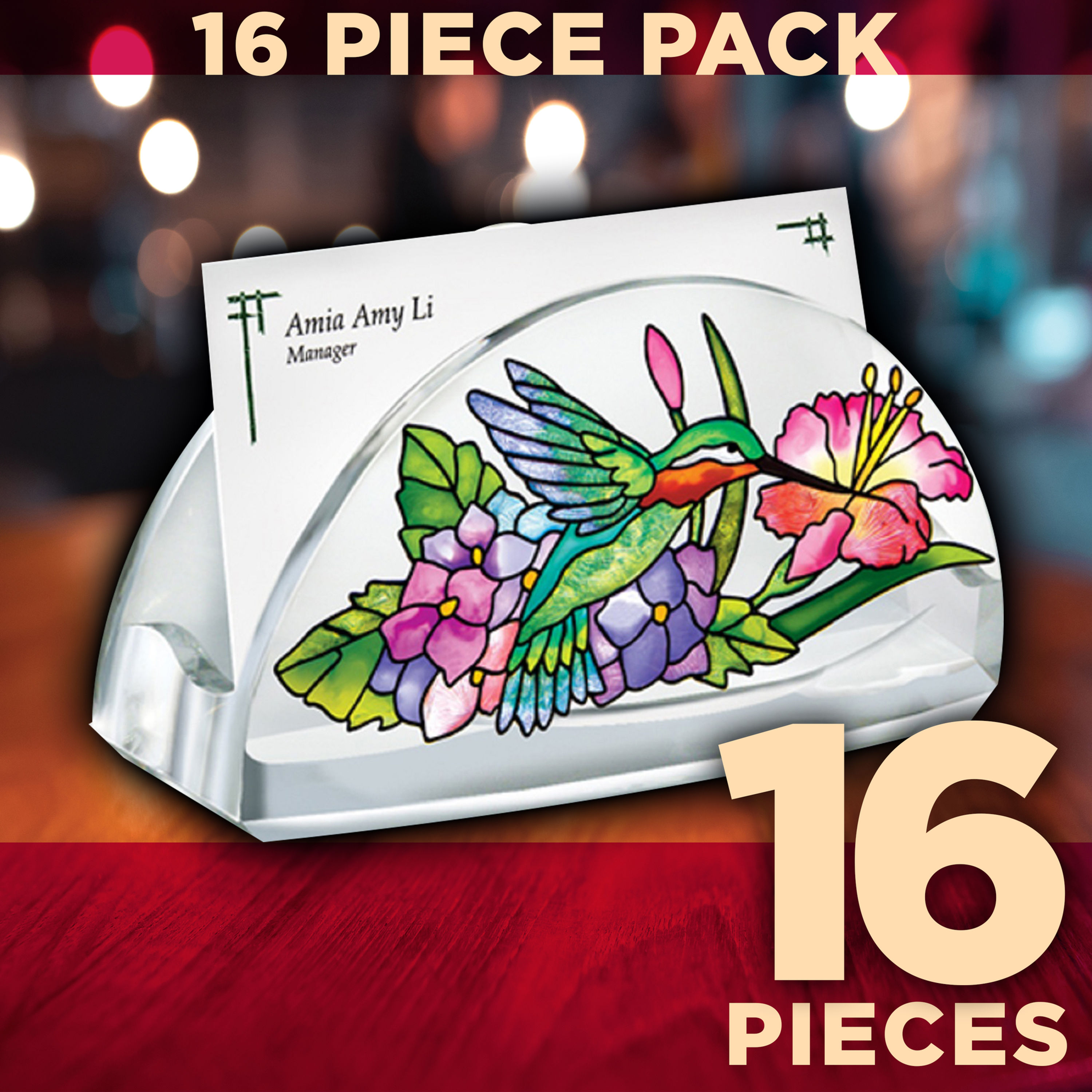 AMIA Glass Bus. Card Holder - Hydrangea & Hummingbirds - 16 Pcs