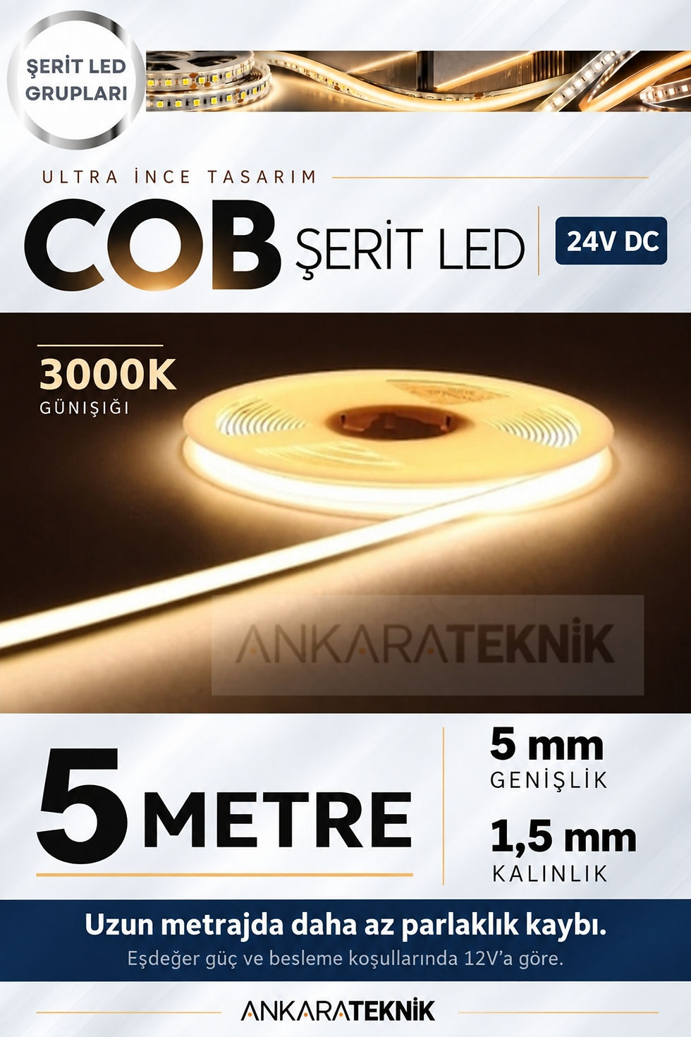 Thumbnail: 5mm. 24V. Ultra İnce COB Şerit Led (Neon gibi yanar)/5MT. RULO