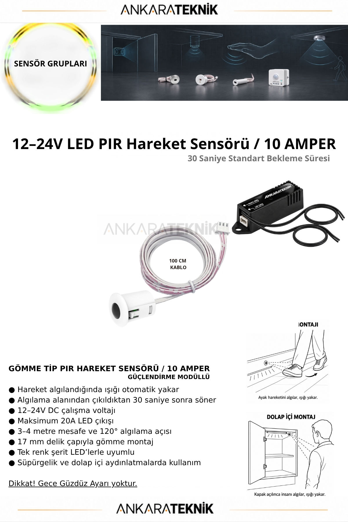 12–24V DC PIR Hareket Sensörü | 30 Saniye Sabit Bekleme Süreli | 10A