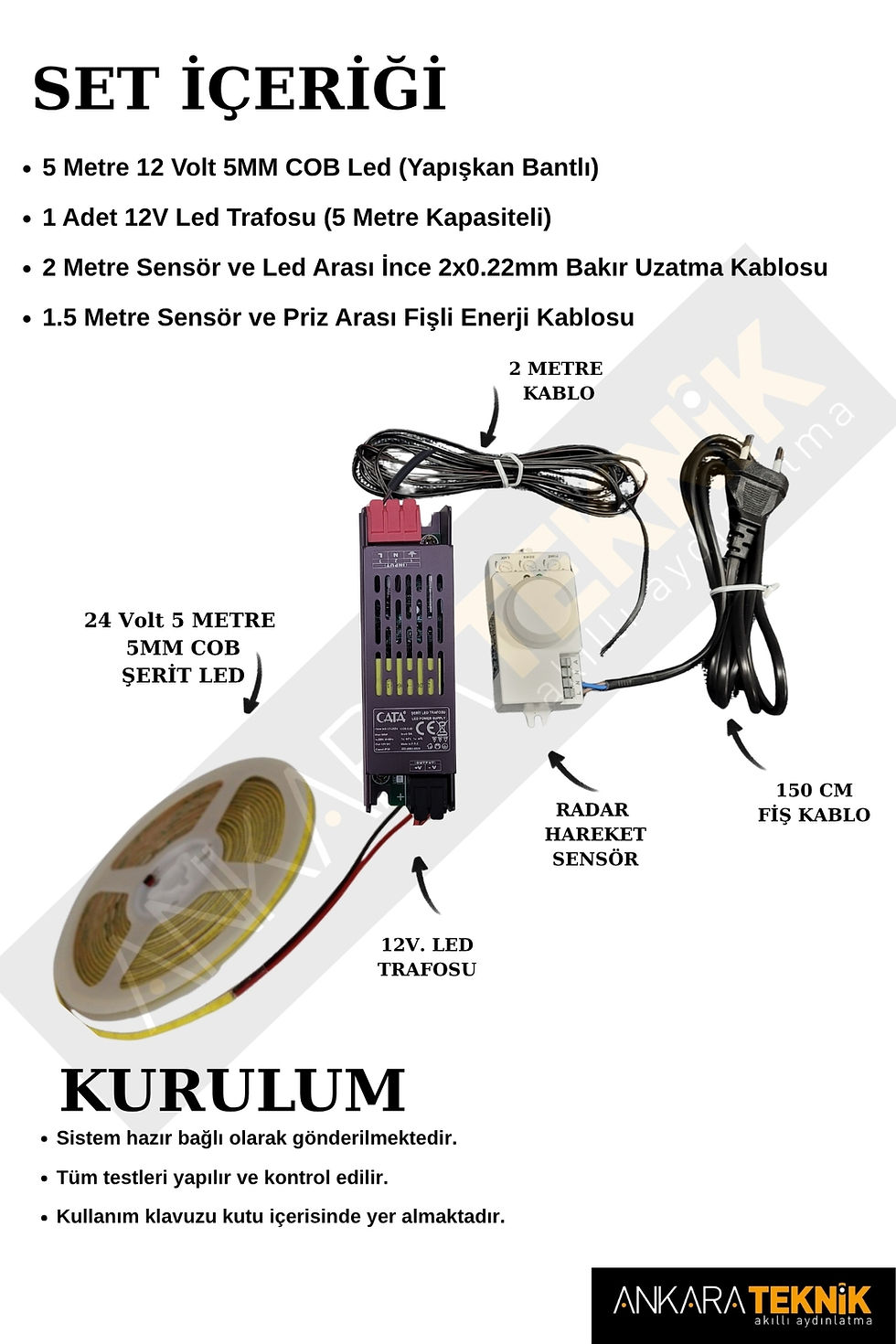 Küçük resim: 12 Volt Sensörlü COB LED Şerit 5 Metre 5mm Ultra İnce Tak Çalıştır