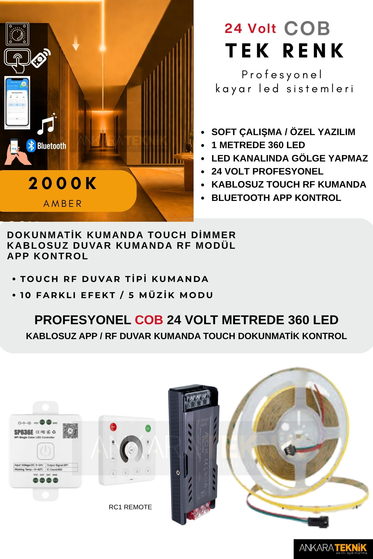 24V. COB DUVAR TİPİ Dokunmatik Touch Tek Renk Adreslenebilir Led Kiti