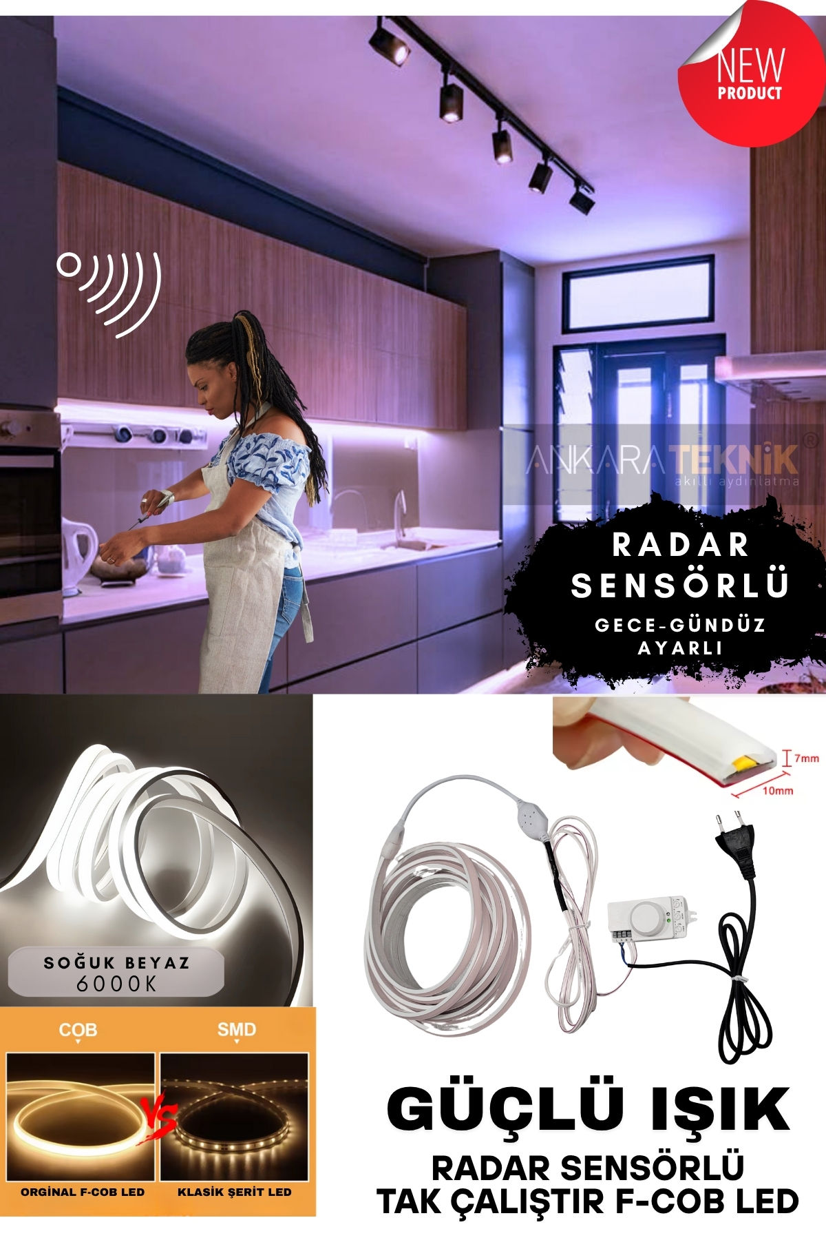 Radar Sensörlü F- Cob Neon Led Yüksek Lümen/Dolap Alçıpan Tavan Aydınlatma