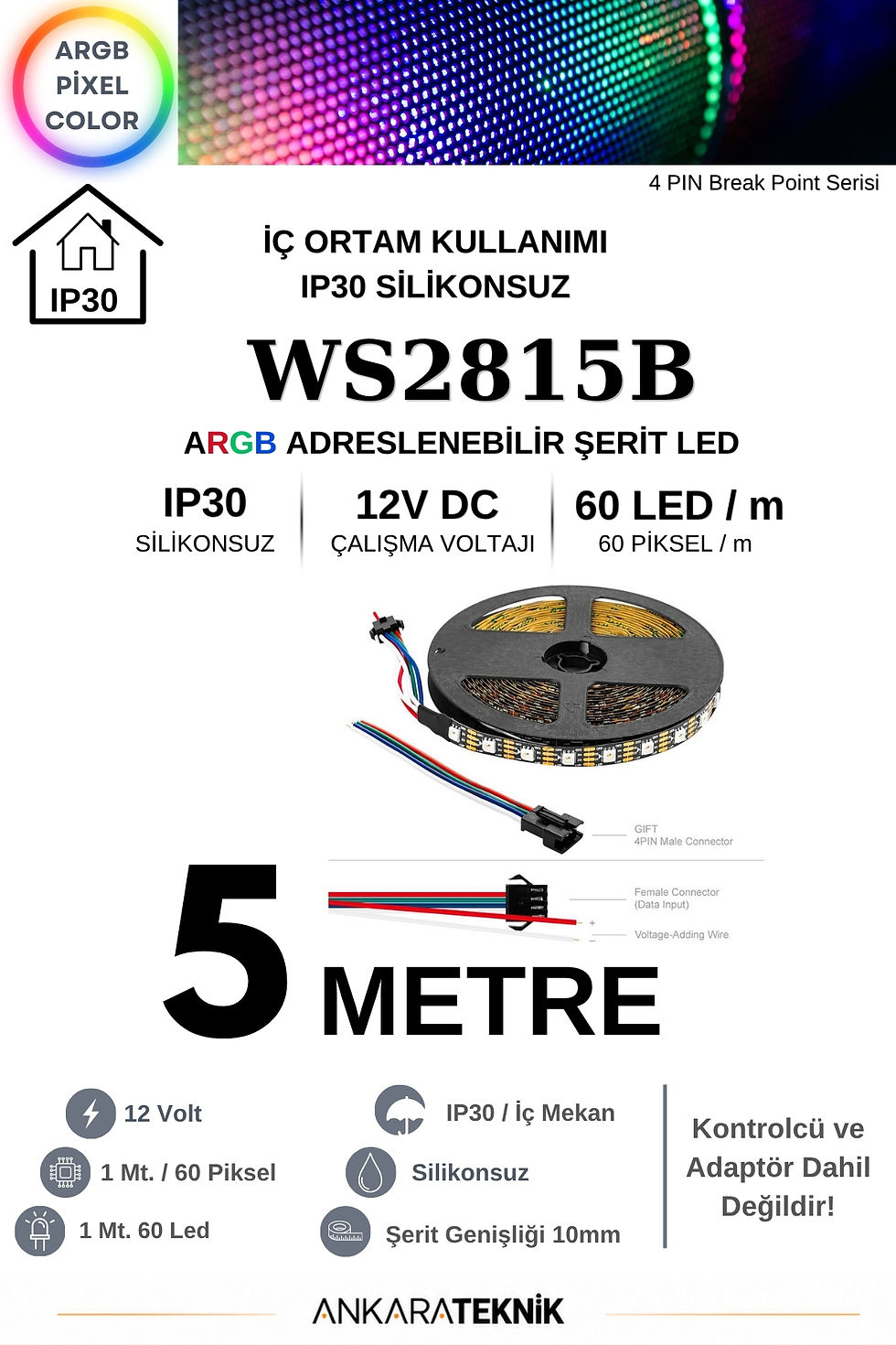 Thumbnail: WS2815 12V ARGB Piksel Şerit LED 60 LED/m 60 Piksel/m IP30 Çift Sinyal