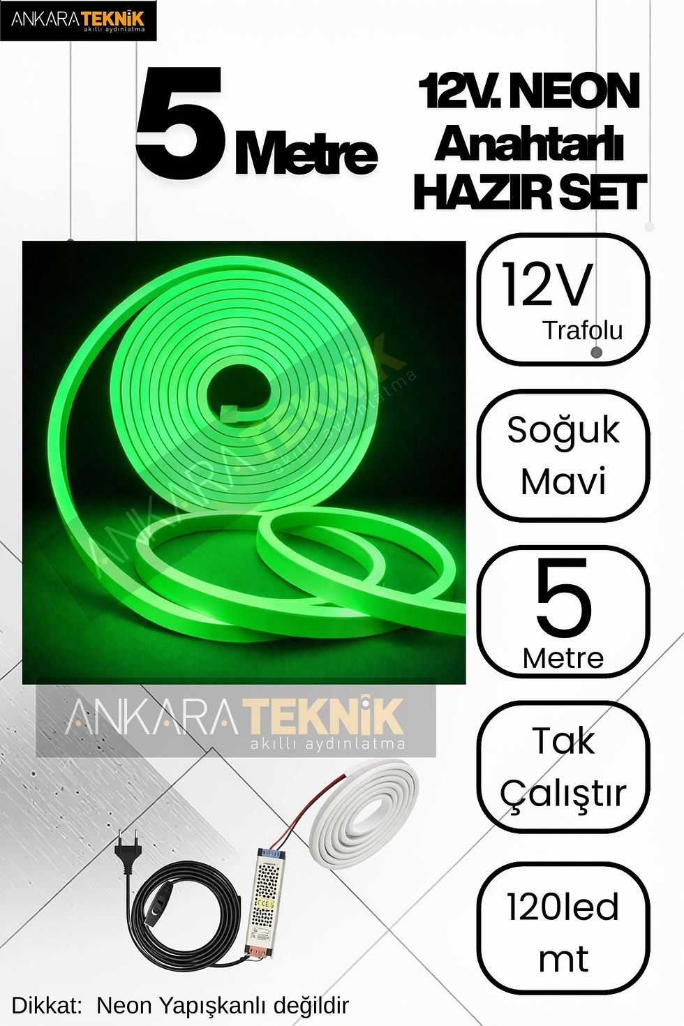 Küçük resim: ,Neon LED Şerit 5 Metre Anahtarlı Tak Çalıştır Adaptörlü