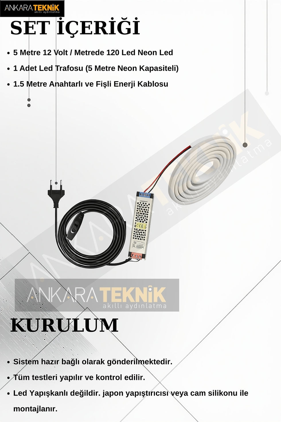 Küçük resim: ,Neon LED Şerit 5 Metre Anahtarlı Tak Çalıştır Adaptörlü