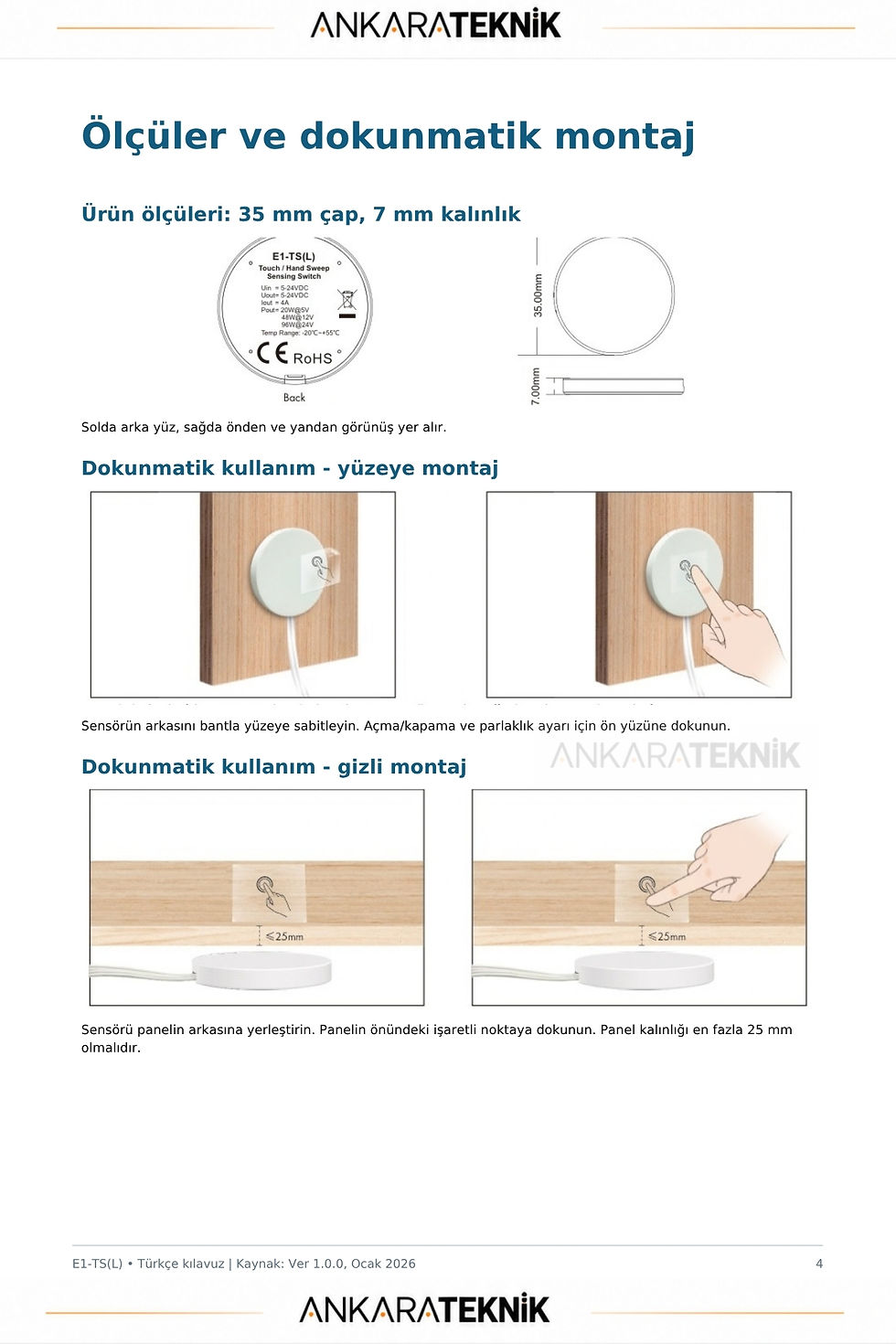 Küçük resim: 12–24V DC LED Kontrol Sensörü | 2’si 1 Arada Dokunmatik ve El Süpürme | 4A