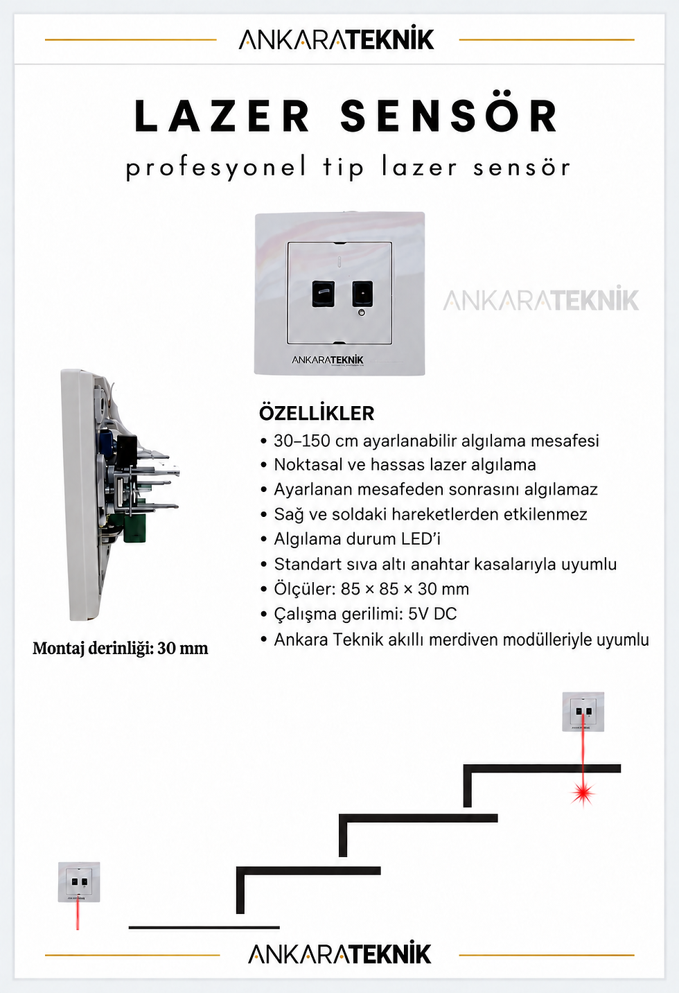 Thumbnail: Lazer Sensör 30-150 cm Mesafe Ayarlı/Sıva Altı/ Akıllı Merdiven