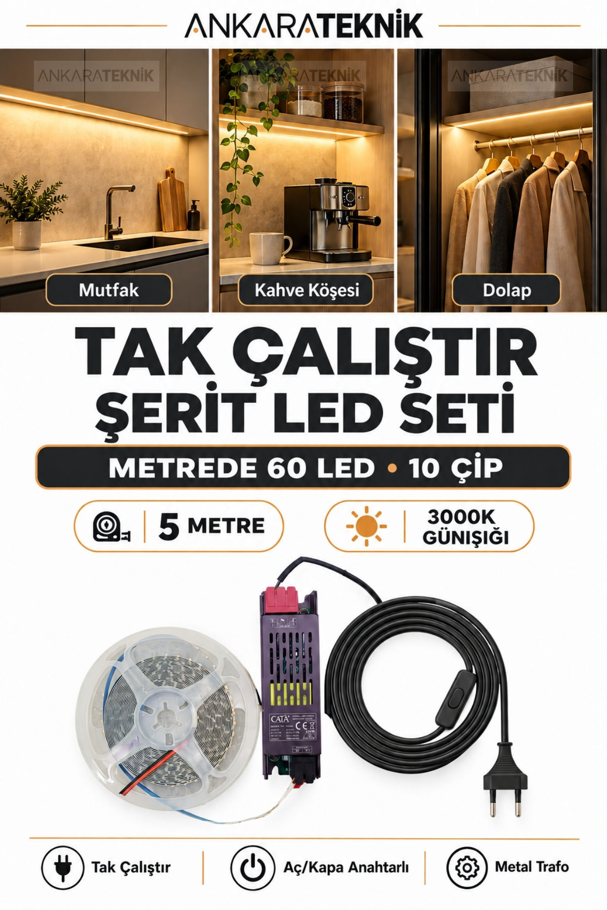 Mutfak Dolabı Için 5 Mt. Şerit LED 12V Adaptör Aç Kapa Anahtarlı