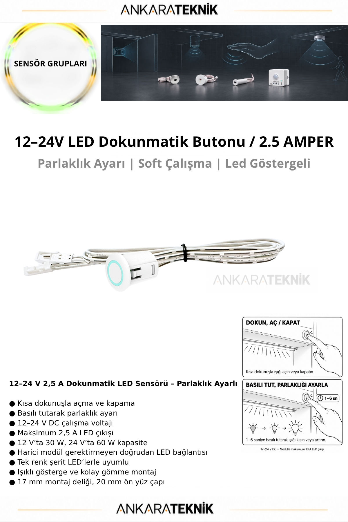12–24V DC Dokunmatik LED Dimmer Butonu | Aç/Kapat ve Parlaklık Ayarlı | 2,5A