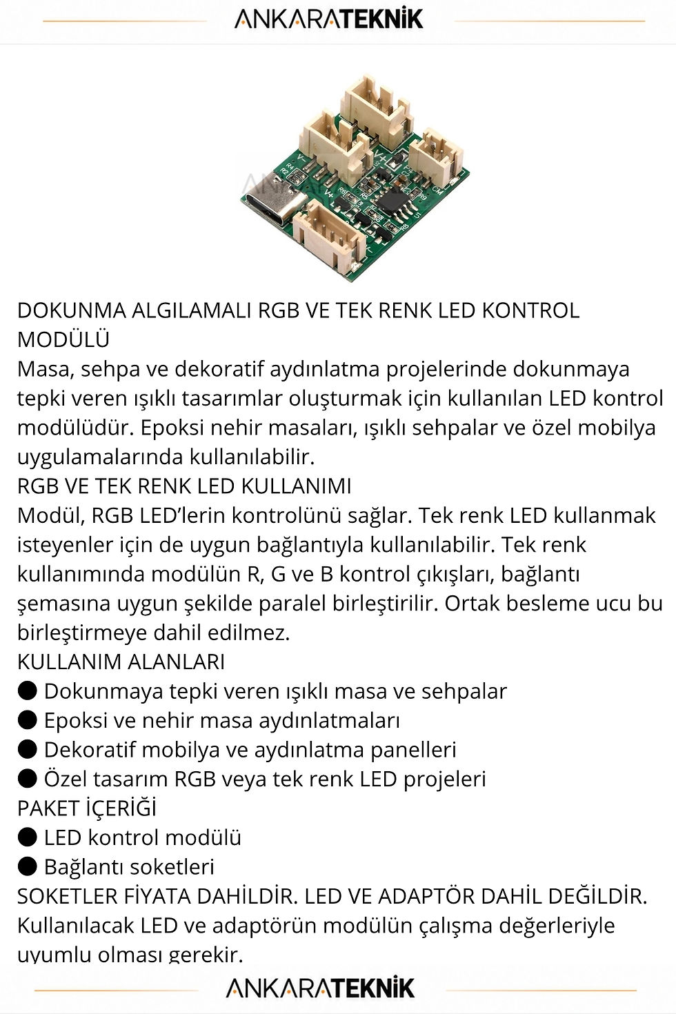 Küçük resim: Nehir Masa Dokunmatik LED Kontrol Modülü | 4 Pin RGB veya Tek Renk LED | 1A