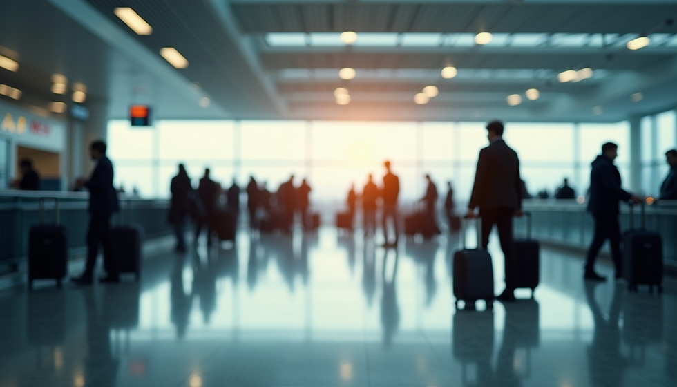 Silhouetted travelers with suitcases in a bright airport terminal. Sunlight streams through large windows, creating a bustling, dynamic scene.