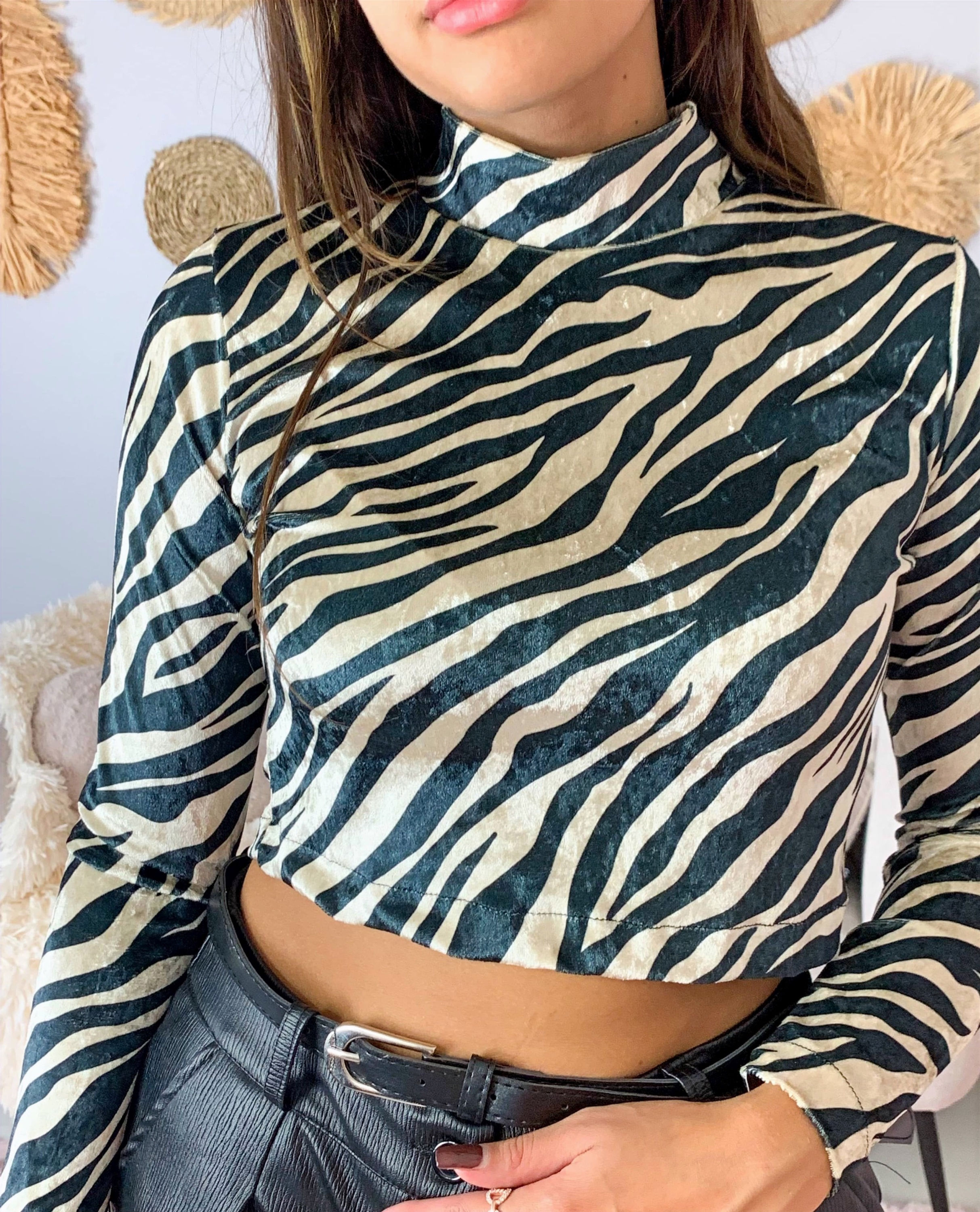 Crop top en velours avec motif zébré