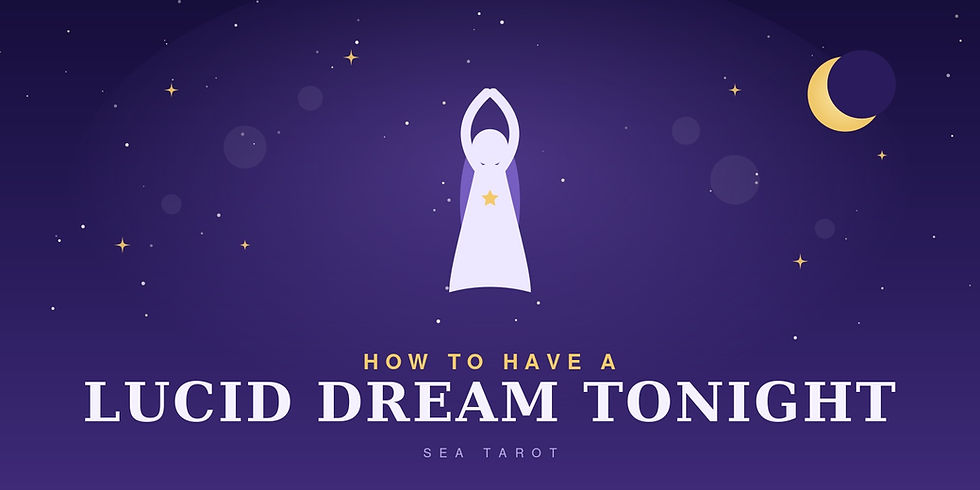 A dreamy illustration of a figure reaching up toward a crescent moon and stars with a golden star at her heart, and the words "How to Have a Lucid Dream Tonight."