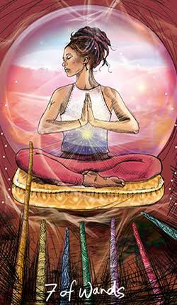 Seven of Wands tarot card from The Light Seer's Tarot showing a grounded, centered figure holding their wand with calm