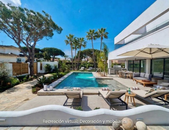 Render of modern villa with pool, garden and terrace