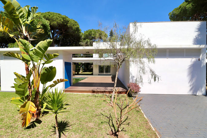 Front view of modern white villa with lawn and trees