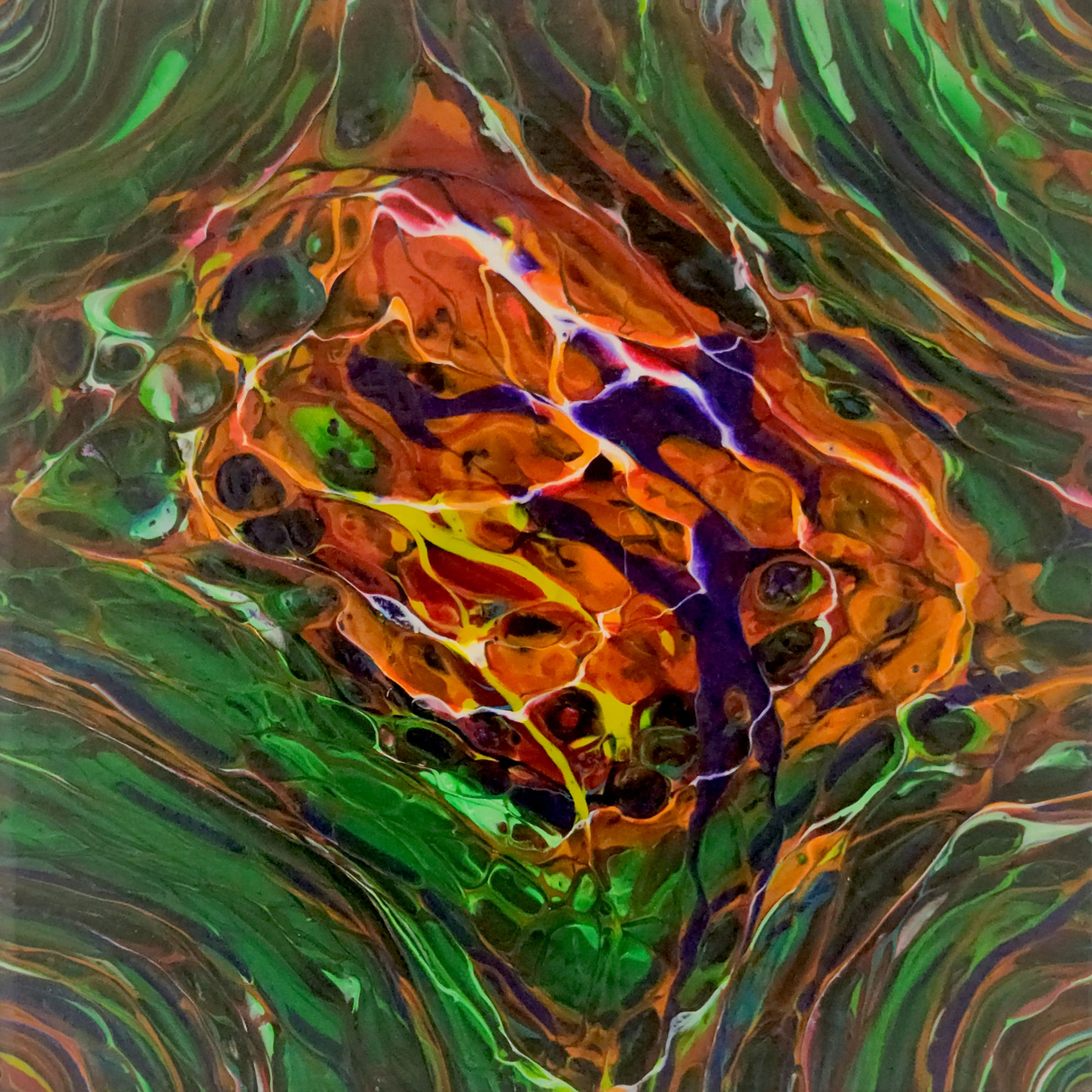 Décoration, peinture abstraite de vert, orange et bleu marin