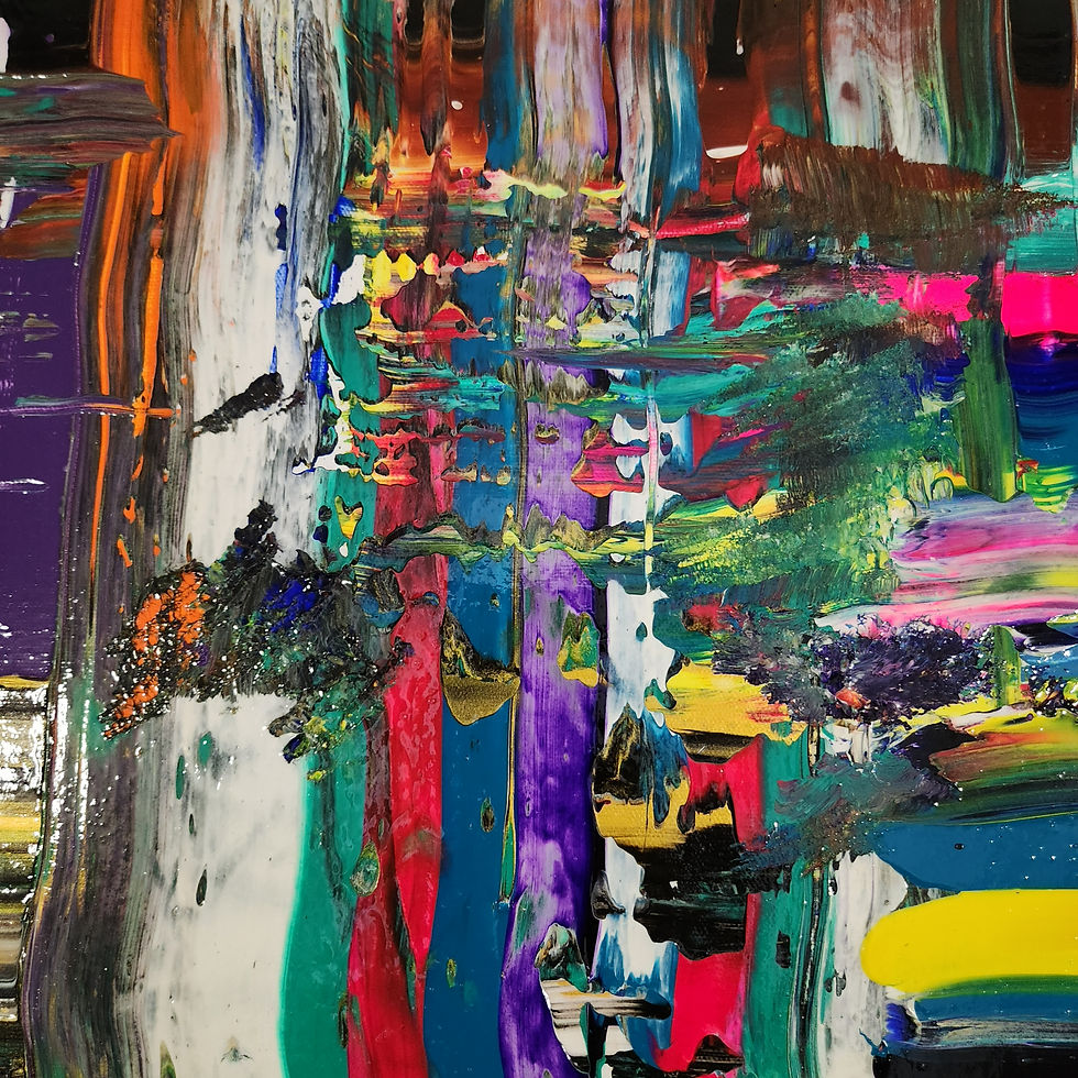Miniature : Oeuvre d'art abstrait de lignes bleus, vertes, noirs, mauves, jaunes, brunes