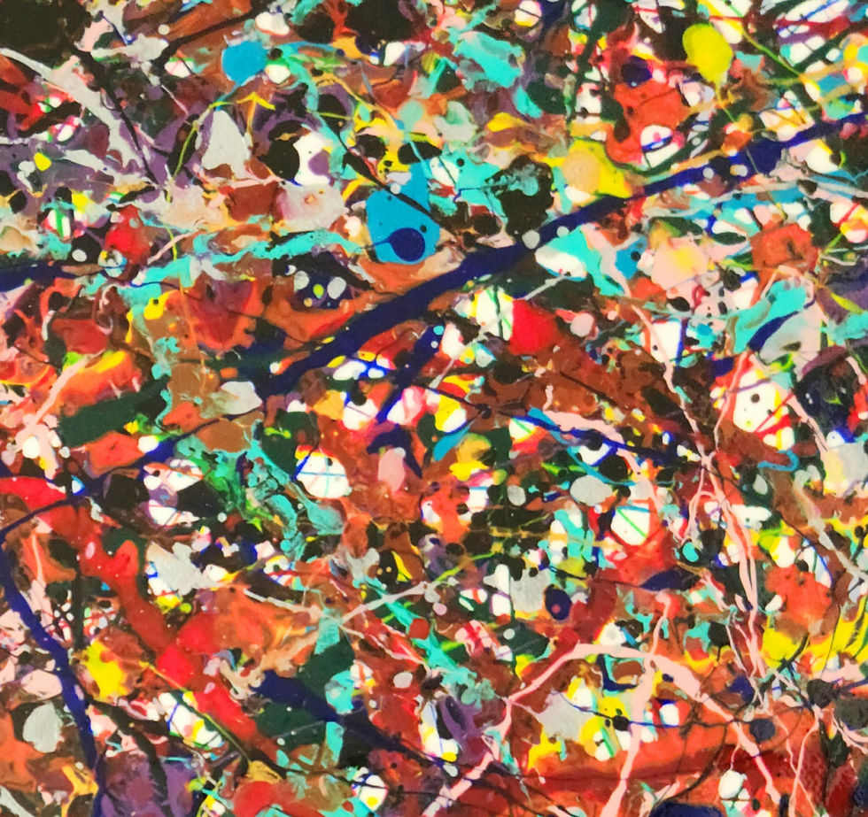 Décoration, peinture abstraite éclaboussures multicolore avec rouge foncé, noir et bleu lagon