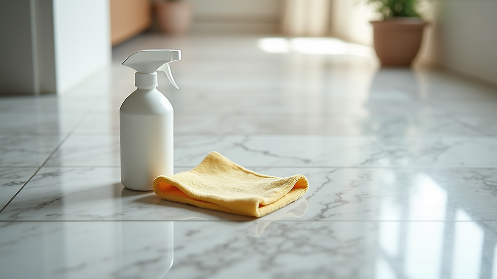 Eye-level view of marble floor with soft cleaning cloth and spray bottle