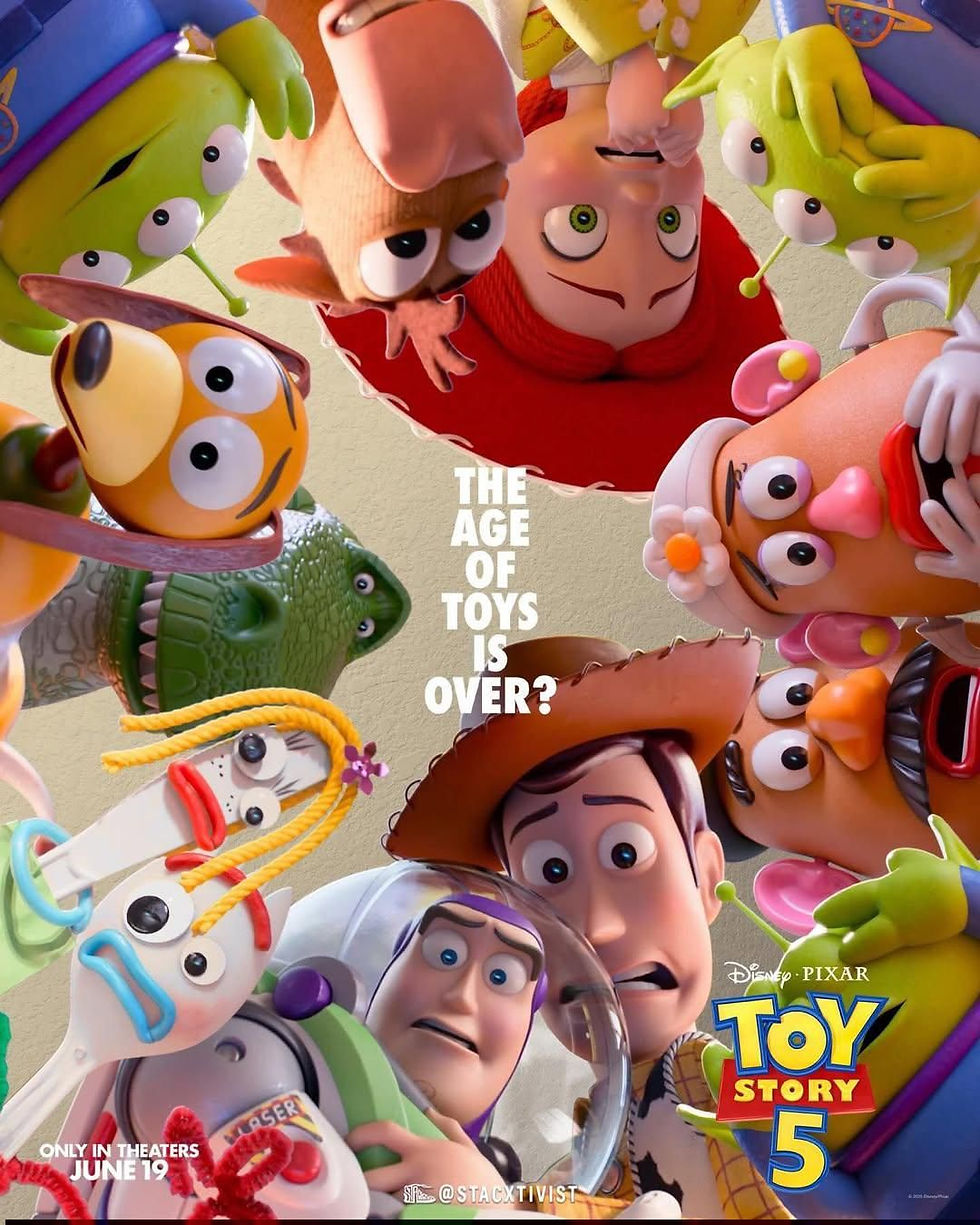 "A era dos brinquedos acabou?" - Cartaz publicitário Toy Story 5 em inglês.