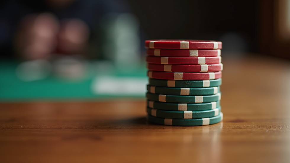 high angle view of a poker chip stack on a wooden table