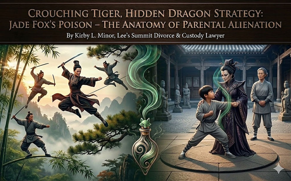 A split-screen legal blog graphic titled "Crouching Tiger, Hidden Dragon Strategy: Jade Fox’s Poison – The Anatomy of Parental Alienation By Kirby L. Minor, Lee’s Summit Divorce & Custody Lawyer." The left side features an old kung fu movie scene with warriors fighting among high tree branches and bamboo stalks at sunset, featuring a prominent female villain with a sword. The right side features a witch-like woman in dark, ornate robes manipulating a young female student practicing martial arts in a stone temple courtyard, with green smoke twisting between the two panels from an intricate glass bottle topped with a jade fox head.