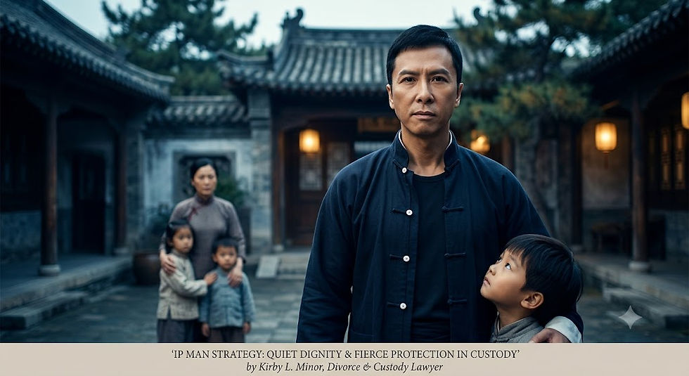 A cinematic, wide-angle martial arts movie style scene featuring a determined kung fu master in a dark blue traditional robe standing protectively in a historic village courtyard. In the soft-focused background, a woman holds two young children close. The overall atmosphere evokes quiet dignity, restraint, and fierce family protection.