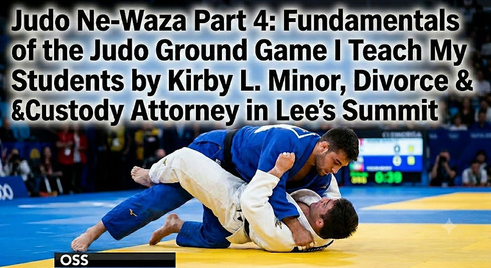 A close-up action shot of an Olympic judo match focused entirely on ground fighting (ne-waza). One competitor in a blue gi works to establish control over an opponent in a white gi on the mat.