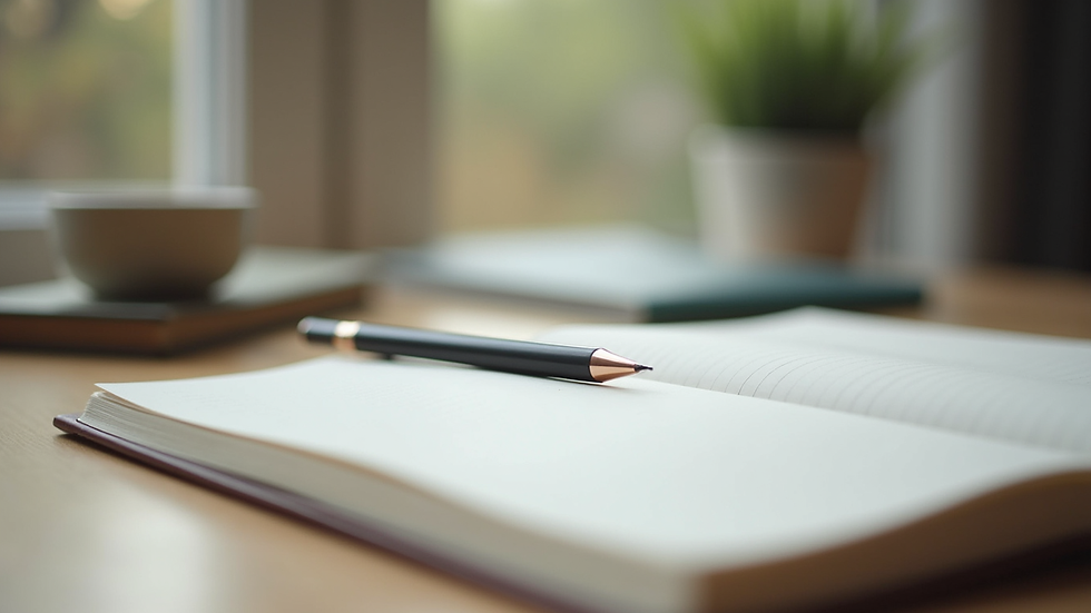 Eye-level view of a serene workspace with a journal and pen