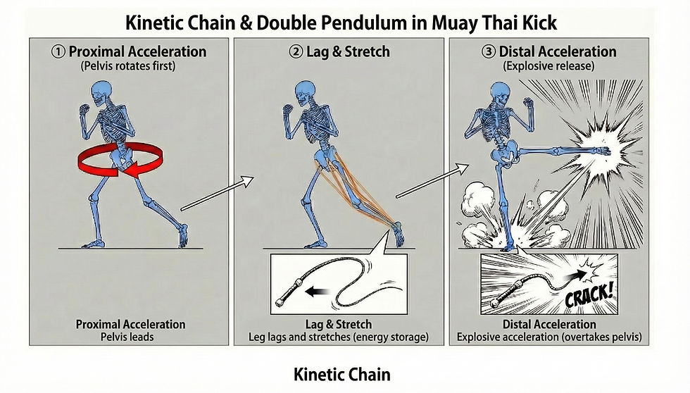 Diagram illustrating the kinetic chain and double pendulum principle in a Muay Thai kick, showing three phases: proximal acceleration driven by pelvic rotation, lag and elastic stretch of the leg, and distal acceleration where the leg explosively overtakes the pelvis