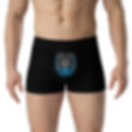 Model wearing black lion trunk boxer briefs front view with blue and gray lion head graphic