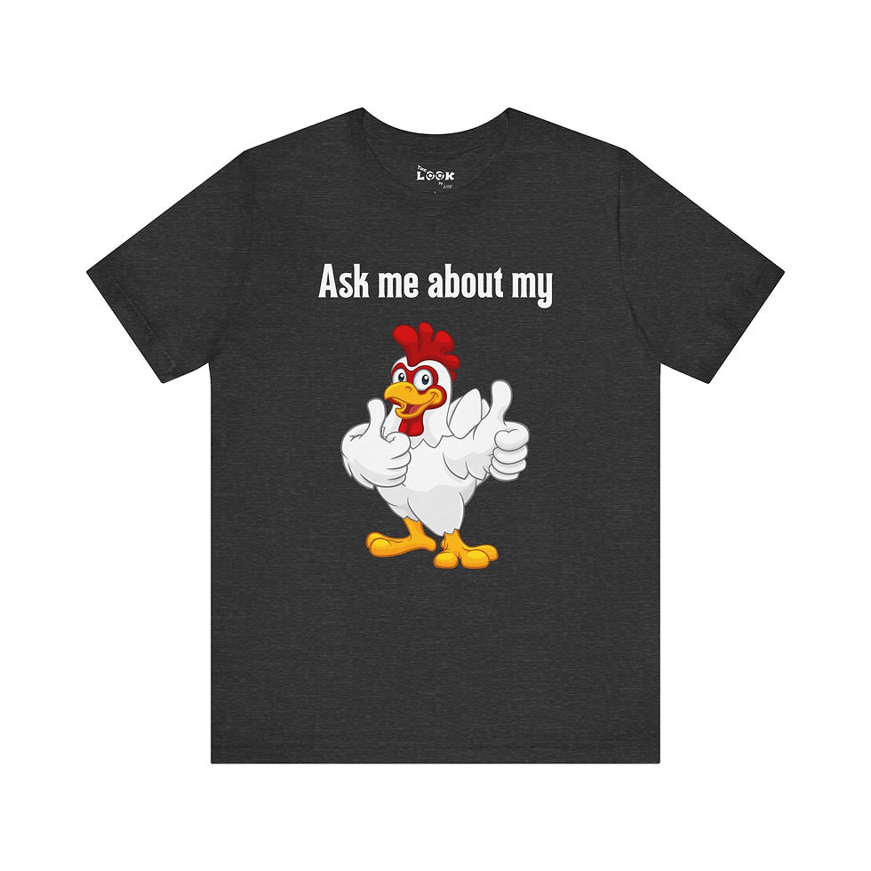 Thumbnail: heather grey tee mockup front view with rooster giving thumbs up and Ask me about my rooster farm text