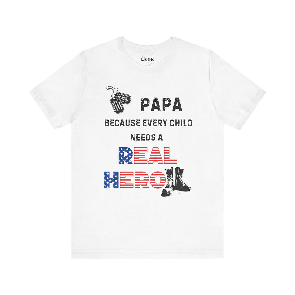 White t-shirt mockup front view with Papa Because Every Child Needs a Real Hero military design