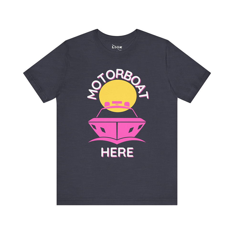 Thumbnail: Flat-lay Motorboat Here funny women’s T-shirt in heather gray, front view