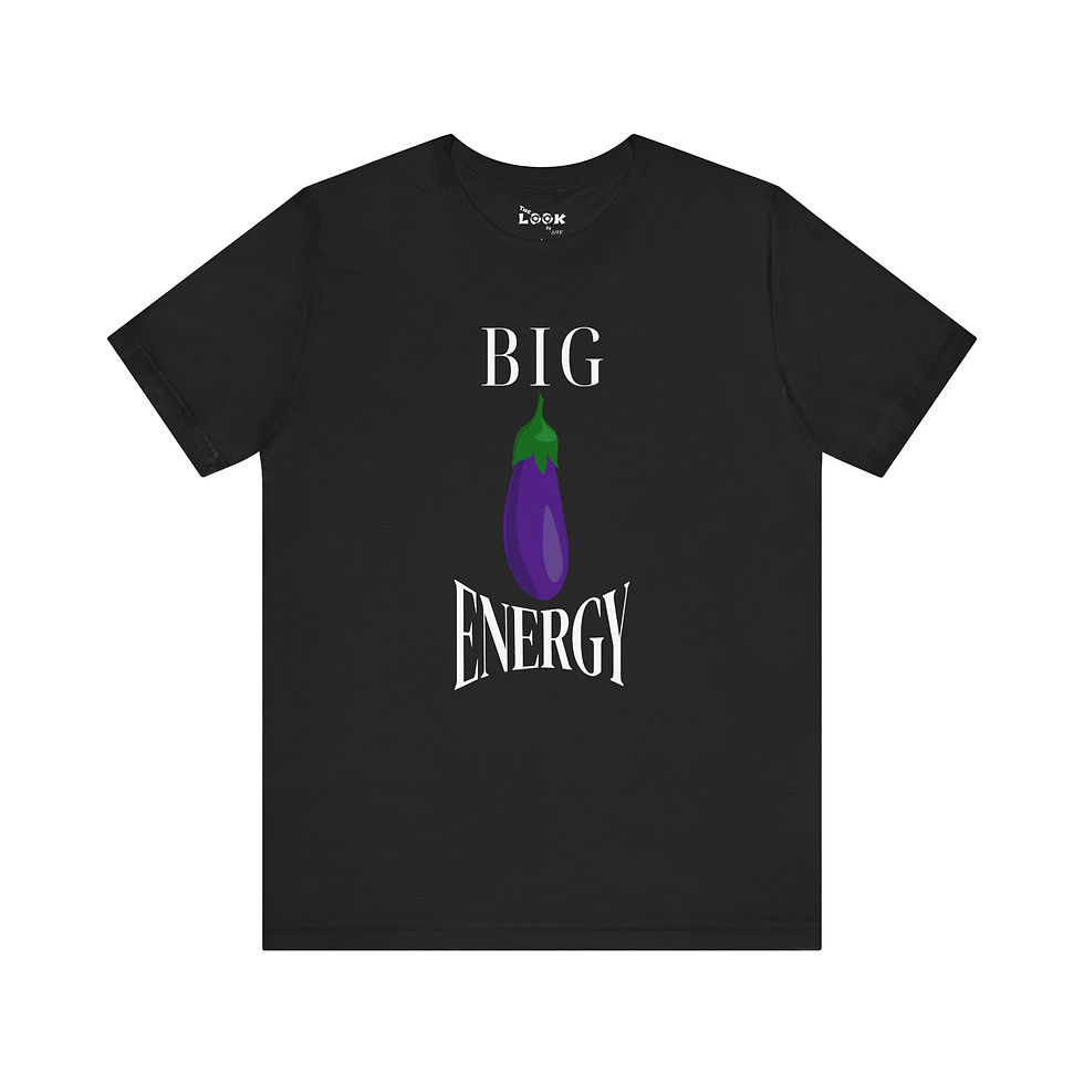 Big Eggplant Energy T-shirt black shirt mockup front view with eggplant graphic and BIG ENERGY text