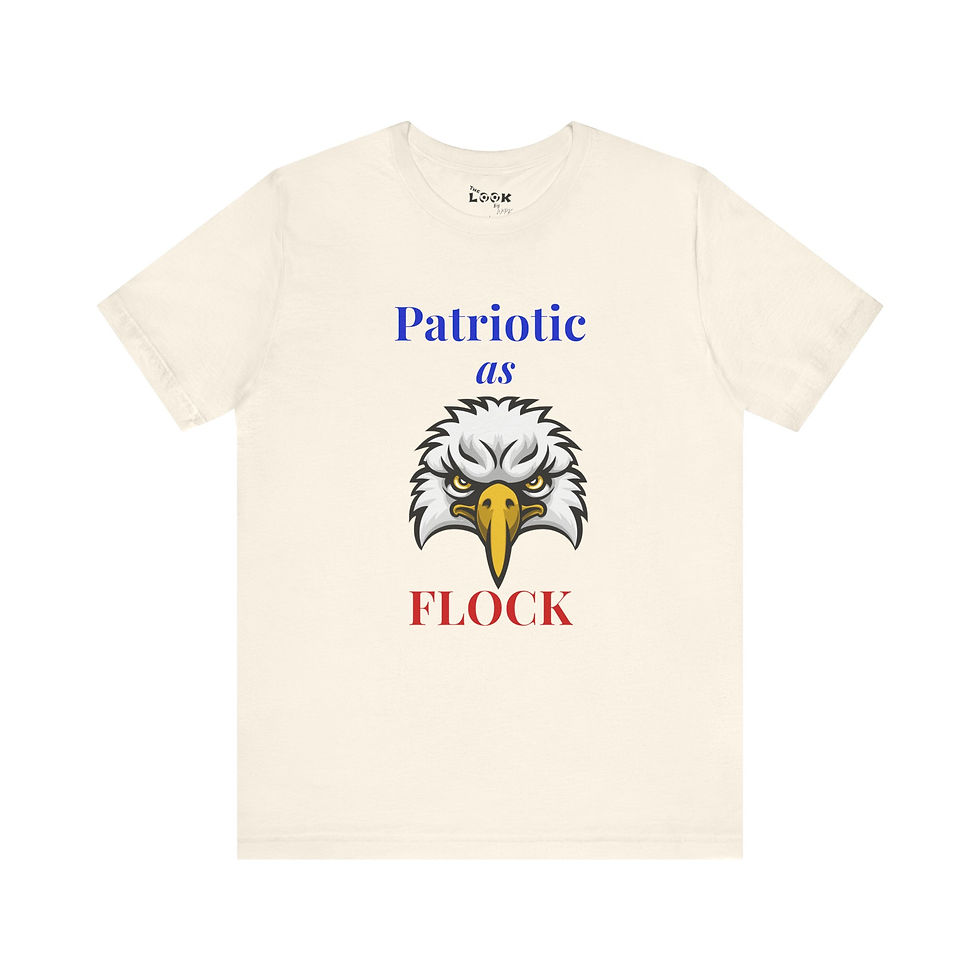 Thumbnail: Front view natural color Patriotic as FLOCK eagle t-shirt with eagle graphic and Patriotic as FLOCK text